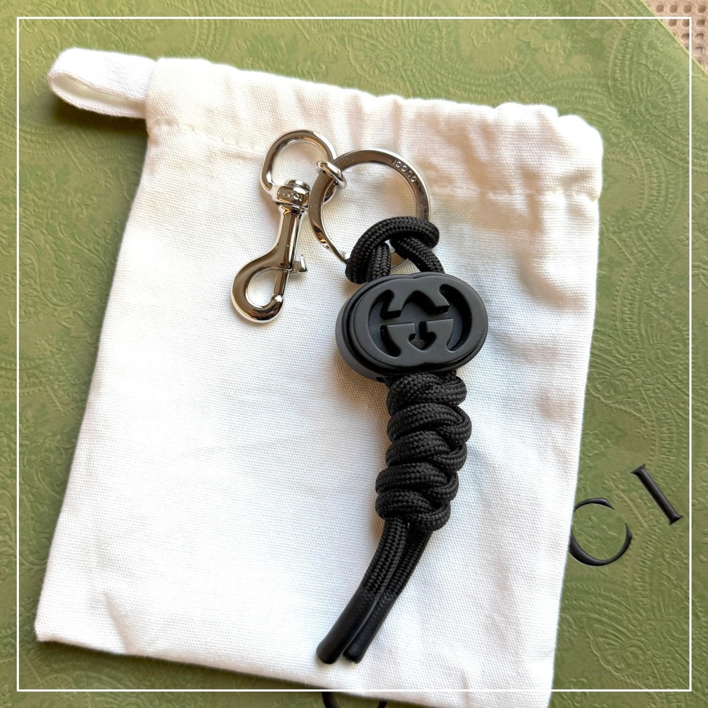 Gucci Black Interlocking G Knotted Cord Keychain Swivel Hook 834480 JAAIT 001